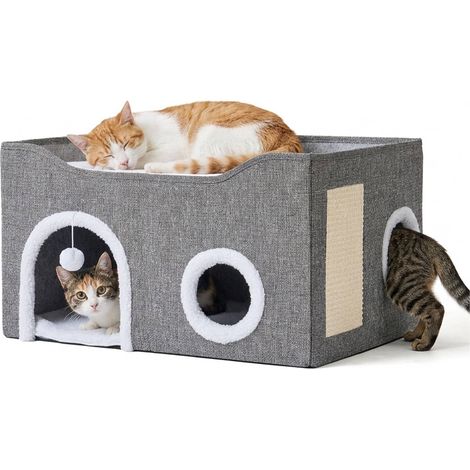 Cuccia pieghevole grigia per gatti con tiragraffi e cuscini. (1/5)