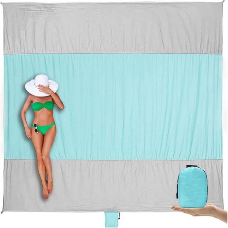 Manta de playa, impermeable y resistente a la arena, manta de picnic, Mantas de playa, Plegable y portátil, bolso ligero, 220x180 cm, Gris + Cian (1/5)