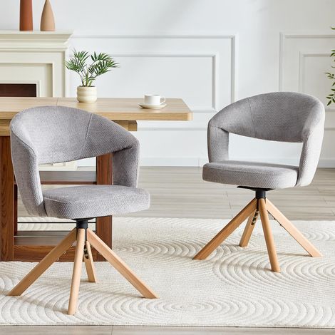 Lot de 2 chaises de salle à manger pivotantes, fauteuil de salon en tissu bouclé avec pieds en bois massif hauteur 81.5 cm, Gris et Bois (1/5)