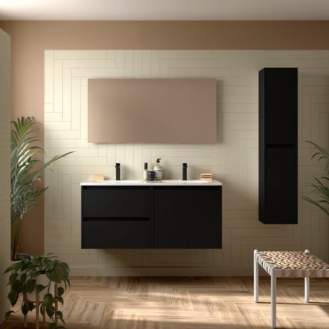 Badezimmermöbel NOJA 1200 2 Türen und 2 Schubladen BLACK SATIN + Waschtisch + Spiegel