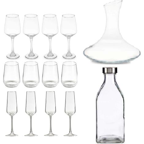 Set Completo di calici vino e fluit bicchieri acqua con decanter e bottiglia per una Tavola elegante 4 persone posti tavola 14 Pezzi in Vetro Design Modernoper Cena, Festa, Ricevimenti (1/5)
