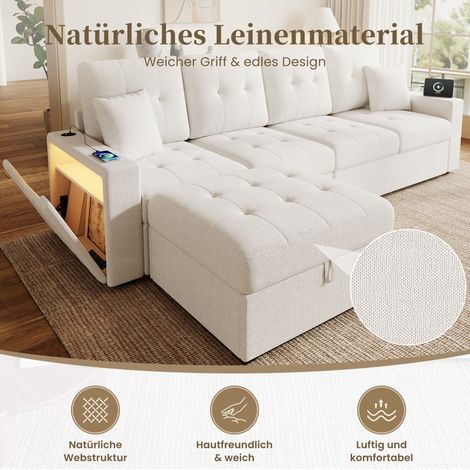 Sofá de esquina modular 253x144,5x80,7 cm de lino beige con puf arcón – MEUBLIV (1/5)
