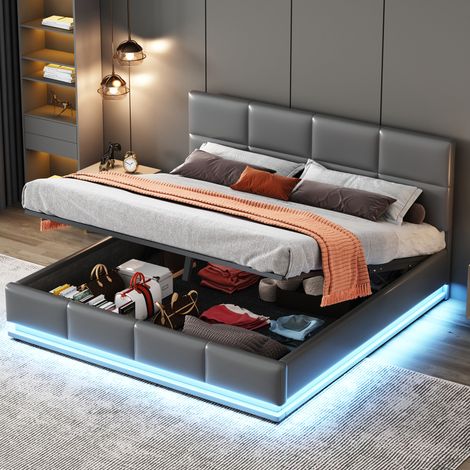 Letto imbottito 160 x 200 cm con LED, rete a doghe in metallo e box letto, letto matrimoniale con testiera imbottita regolabile in altezza e contenitore idraulico, grigio (senza materasso)