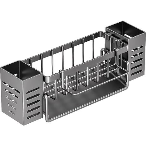 Spülbecken-Schwammhalter, multifunktionale Spülbeckenaufbewahrung mit abnehmbarem Handtuchhalter und Bürstenhalter, Spülbecken-Organizer mit automatischer Abtropfschale (Grau) (1/5)