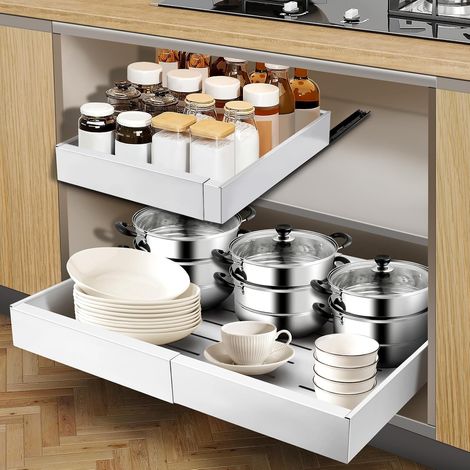 Tiroir télescopique, largeur réglable de 32 à 52 cm, en acier au carbone, organisateur de tiroir, armoire de cuisine, extensible (blanc) (1/5)