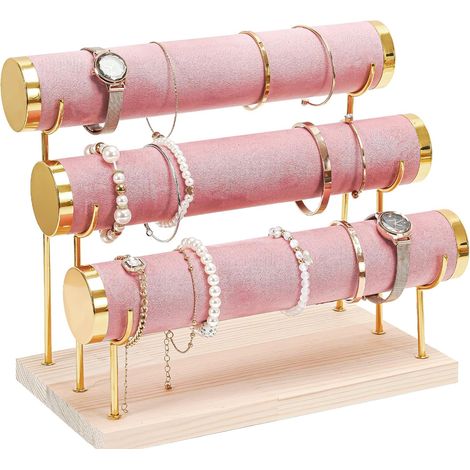 Expositor de pulseras en forma de T de 3 niveles - Extraíble - Joyero - Terciopelo - Base de madera - Para pulseras, pinzas para el pelo y relojes - Rosa