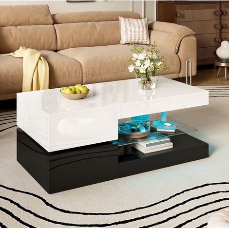 Tavolino da salotto LED 90 x 45 x 35,5 cm con APP e Bluetooth, bianco e nero HAVRYA (1/5)