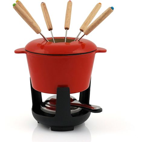 BBQ-Toro 13-teiliges Gusseisen Fondue Set für 6 Personen 1 L emailliert rot