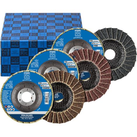 PFERD POLIVLIES - KIT DE DISQUES À LAMELLES PVL 115 - DIAMÈTRE : 115 MM - LARGEUR : 18 MM - ALÉSAGE : 22,23 MM - CORINDON A 100,