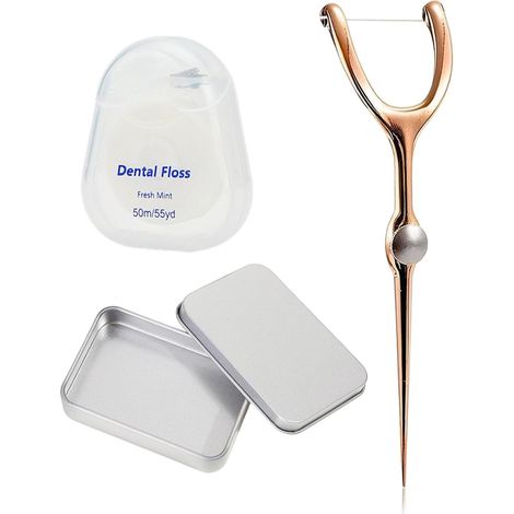 1 ensemble de bâtons de fil dentaire en métal et cure-fil dentaire – Kit de support de fil dentaire réutilisable avec étui portable, outil de soins bucco-dentaires pour voyage, or-rose (1/5)