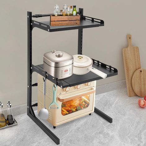 Étagère pour micro-ondes, extensible à 3 niveaux, avec 4 crochets, support pour micro-ondes, organiseur de bureau en acier au carbone, étagères de rangement pour cuisines, salons, bureaux noir (1/5)