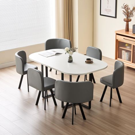Penelope 150cm Square Table Top WHITE with 6 Grey Chairs
