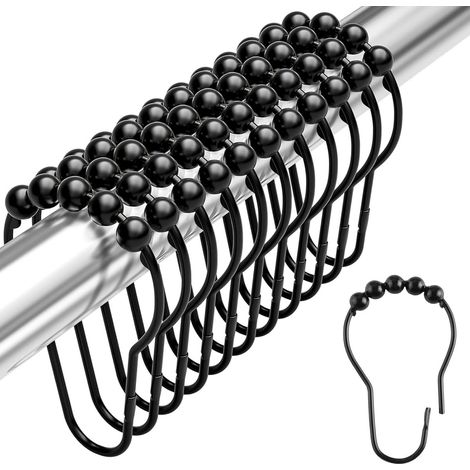 Anneaux Rideau de Douche INOX – Lot 12 Crochets Antirouille Billes de Glissement – Compatible Tringles 25-32mm – Installation Facile(Noir Mat)