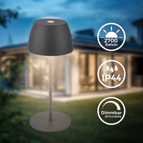 B.K.Licht Mini lampe de table LED sans fil IP44, variateur, tactile, protection contre les éclaboussures, sans fil, anthracite, Ø8 x 20 cm