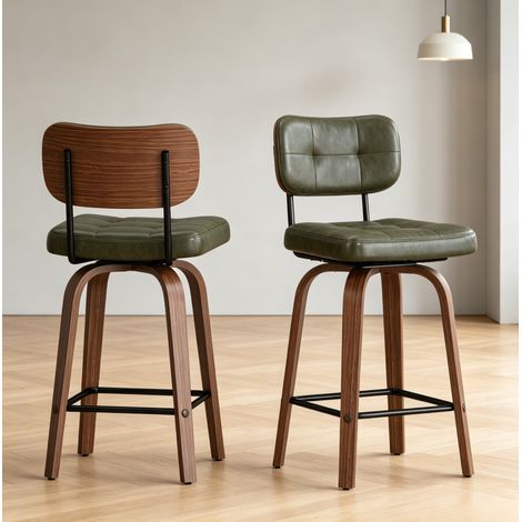 Sgabello da bar girevole in similpelle, schienale ergonomico, struttura in metallo e legno, verde/noce (1/5)