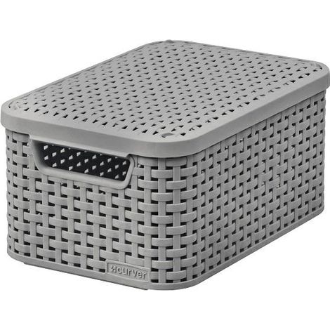 Curver Caja de almacenamiento de ratán con tapa, cesta de almacenamiento, de plástico, hecha de material reciclado en al menos un 70% (gris claro, S: 28,5 x 19,4 x 13 cm)