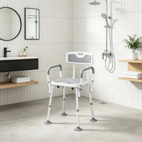 Chaise de douche réglable avec dossier, siège antidérapant en EVA, accoudoirs et pieds ventouses, aluminium et HDPE, 136 kg, hauteur 40,5-53 cm, pour salle de bains  CHICFURN (1/5)