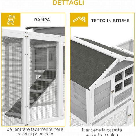Porte-conigliera extérieur gris bois 259x64x92 cm, enclos ouvert avec 2 abris, rampes et portes incluses (1/5)