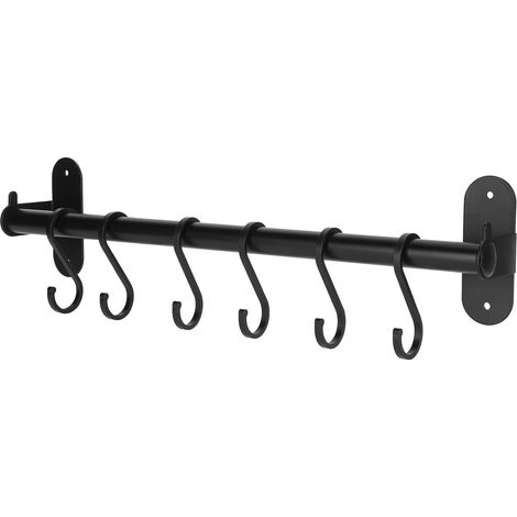 1 Barre de cuisine murale 40 cm, Aluminium noir, 6 Crochets, Support ustensiles, Rangement casseroles et poêles (1/5)