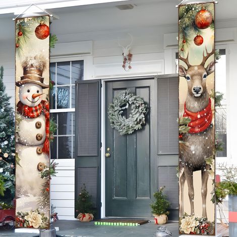 Bannière de Noël pour porche - Joyeux Noël, bonhomme de neige et cerf, bienvenue pour les fêtes d'hiver, bannière extensible format portrait pour décoration murale intérieure et extérieure (1/5)