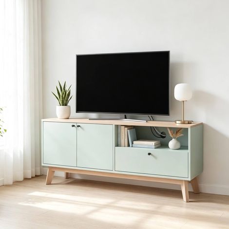 Meuble TV 120 cm en MDF vert clair effet chêne avec 2 portes, tiroir et niche (1/5)