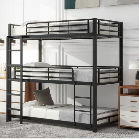 Letto a castello bambini 90x200 cm, 3 letti, sponda di sicurezza, in metallo, senza materasso, nero (1/5)