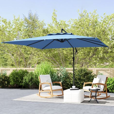 Sombrilla voladiza cuadrada de 3 x 3 m con manivela, base en cruz, inclinable y giratoria 360°, toldo azul de 180 g/m².