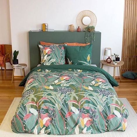 Parure de lit - Housse de Couette - 220x240 cm - 100% Coton - Imprimé Fleuri - Réversible