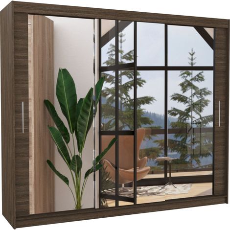 Les Tendances – Armoire de chambre 3 portes coulissantes marron mat et miroir – Largeur 250 cm – Intérieur avec penderie et étagères réglables – Fabrication européenne (1/5)
