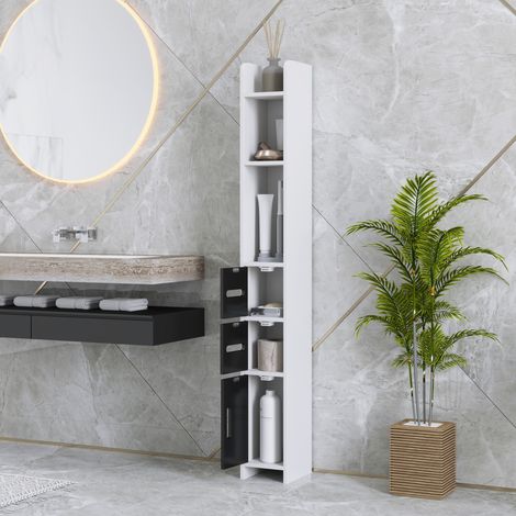 Noir et blanc - Armoire colonne salle de bain gain de place, 3 étagères et 3 placards en bois, pour salle de bain, salon, 15x17x120 cm