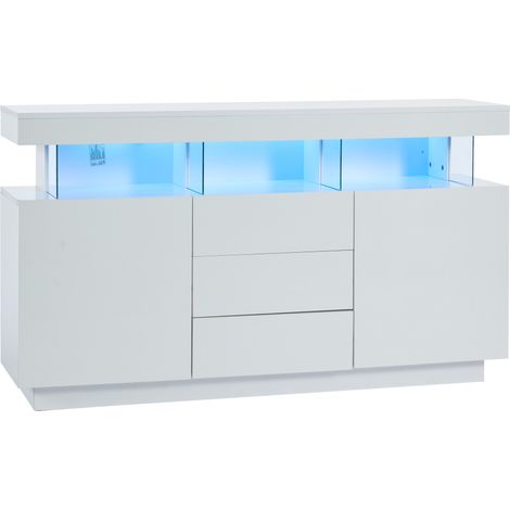 Buffet moderne blanc laqué 140 x 35 x 80 cm avec LED multicolore, 3 tiroirs et 2 placards, pour salon et cuisine (1/5)