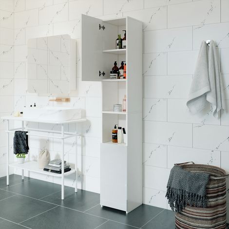 Tall Bathroom Cabinet with 2 Glossy Doors, Free Standing Slim Storage Unit with 6 Adjustable Shelves 30x30x184cm, White, Mondeer (1/5)