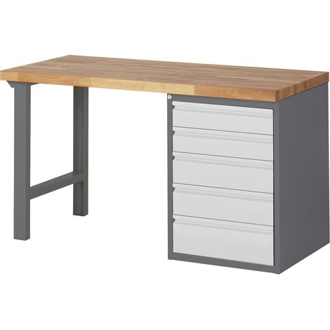 STIER Werkbank Premium, 5 Schubladen, 150x70x84 cm, aus pulverbeschichtetem Stahl und Buche, ideal für umfangreiche Montagearbeiten, vielseitig und langlebig für Werkstattbedarf