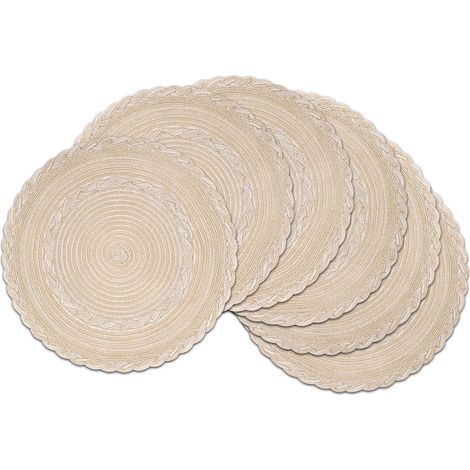 Set aus sechs runden, gewebten Platzsets, waschbar, rutschfest, hitzebeständig, geeignet für Küchen, Restaurants und Partys (beige, 38 cm).