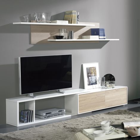 Ensemble TV extensible coloris Blanc / Chêne Cambrian - longueur 155-240 x profondeur 35 cm -PEGANE-