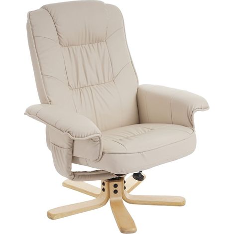 Poltrona relax in sintetico panna, base in legno, sedile girevole FAL04029