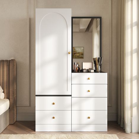 Comanlai - Coiffeuse avec Armoire Penderie et Miroir Pleine Longueur 160 cm, Meuble de Rangement Chambre avec Tabouret Escamotable et Tiroirs pour Maquillage, Style Moderne Noir et Blanc (1/5)
