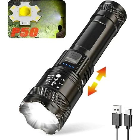 Lampe torche ultra-lumineuse de 5000 lumens, batterie intégrée, projecteur d'urgence, zoom télescopique. (1/3)