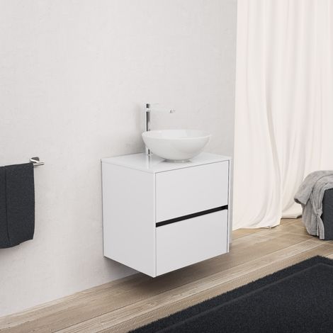 Inda - Badezimmerschrank 2 Schubladen L.60 mit Aufsatzwaschbecken / Glänzendes Weiß - Diamante (1/5)