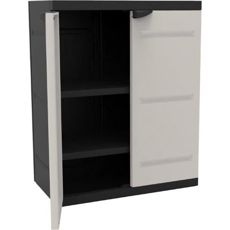 Armoire de jardin 2 portes – Beige et noire – 70cm largeur, 88cm hauteur, 44cm profondeur – 20kg par étagère, nettoyage facile – Plastiken
