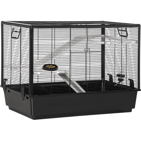 Cage pour cochon d'Inde avec poignée de transport, réservoir d'eau, rampe d'accès et plateau amovible, dimensions 80x48x58 cm, couleur noire. Elle est conçue pour offrir un environnement sécurisé e... (1/5)