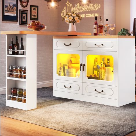 Mesa de bar extensible con almacenamiento, LED, giro 360°, 135-203 cm, blanca DESVIAE (1/5)