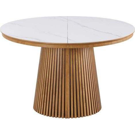 Deco In Paris – Table à manger ronde extensible en bois clair – Plateau en céramique blanche – Pieds en MDF finition hêtre – Accueille jusqu'à 8 invités (1/4)