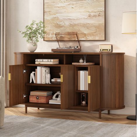Modernes Sideboard mit 3 Türen in Holzoptik aus MDF und PB, 140 x 40 x 78 cm, Kiefernholzfüße (1/5)