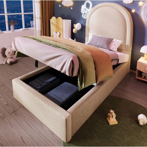 Letto Singolo 90x190 cm con Testiera Beige e Contenitore Pratico (1/5)