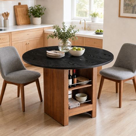 Mesa de comedor redonda de 100 cm con estantes, efecto nogal y negro, MDF HAVRYA (1/5)