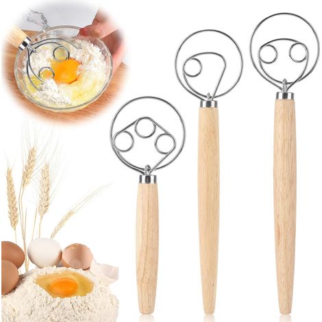 Lot de 3 fouets danois - Batte à œufs avec manche en bois - Mélangeur de pâte à pain avec double trous pour la cuisson du pain, de la pâte, des gâteaux, des pâtisseries, de la pâte à pizza (1/5)