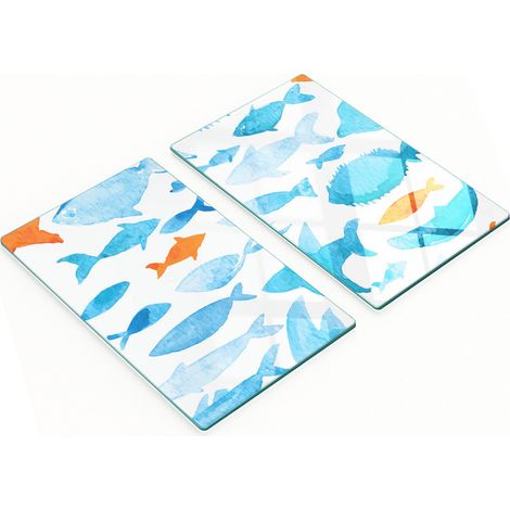 Tablas de cocina de vidrio duraderas y elegantes con estampado de peces en acuarela, 2 x 30 x 52 cm.