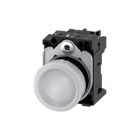 Indicatori luminosi, 22 mm, tondi, in metallo, lucidi, bianchi, lente, liscia, con supporto, modulo LED con LED integrato 24 V AC/DC, morsetto a vite