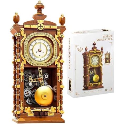 Horloge à pendule vintage en blocs de construction, jouet avec fonction horloge réelle et pendule mécanique lié, décoration intérieure, cadeau créatif pour adultes, ados et enfants. (1/5)